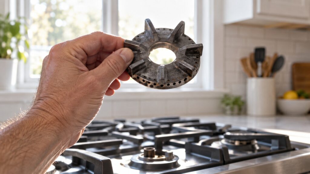 A star-shaped burner crown lifted off a cooktop and held up to the light to check its ports