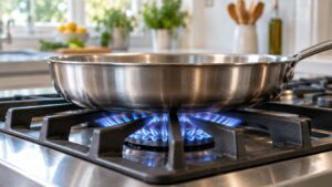 A star-shaped gas burner running at high output beneath a wide stainless pan on a professional cooktop