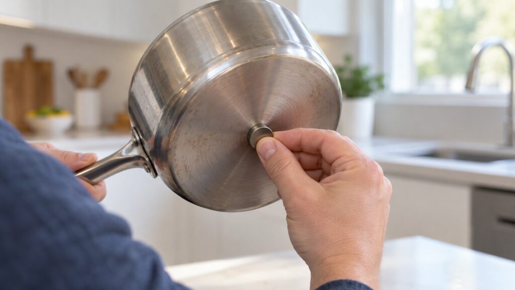 A small magnet held against the underside of a stainless saucepan to test whether the base is magnetic