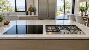 A black glass induction cooktop and a professional gas cooktop side by side in a showroom style kitchen setting