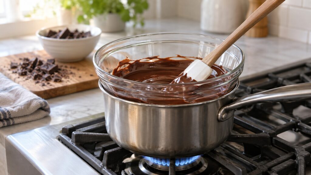 A bowl of chocolate melting gently in a heavy saucepan on a low gas burner with a spatula resting in it