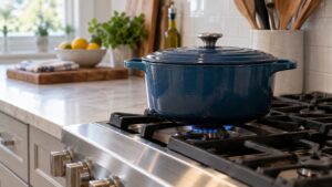 A heavy enameled cast iron pot sitting over a very low blue gas flame on a professional cooktop