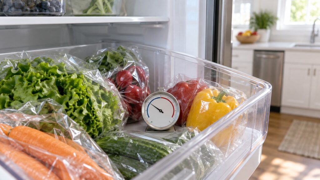 A small dial thermometer sitting inside a refrigerator drawer beside wrapped produce