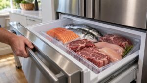 A sealed refrigerator drawer pulled open showing neatly arranged fish and cuts of meat on a tray