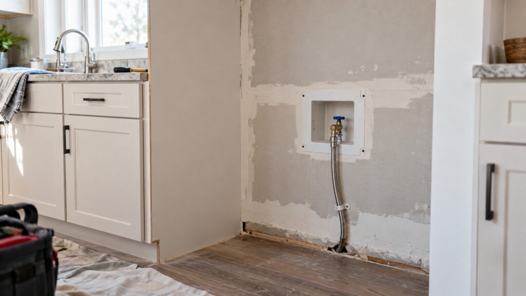 A recessed water valve box set into a wall behind the position of a refrigerator in an unfinished kitchen