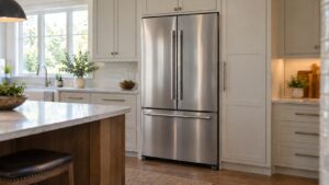 A tall built-in stainless refrigerator set into a run of kitchen cabinetry with its doors closed