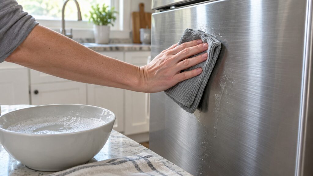 A folded microfiber cloth wiping along the grain of a stainless appliance door beside a bowl of soapy water