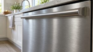 A close-up of a brushed stainless appliance panel showing the directional grain running horizontally across it