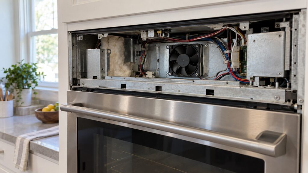 A small cooling fan visible behind the removed control panel of a built-in wall oven