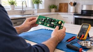 A technician holding an appliance control board on an antistatic mat with a multimeter beside it