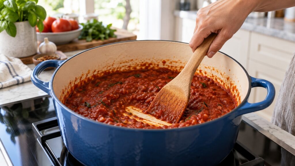 A flat-edged wooden spoon being drawn across the bottom of a heavy pot of sauce on a cooktop