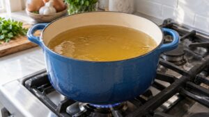 A large enameled cast iron pot of stock holding a bare tremor at the surface over a very low gas flame