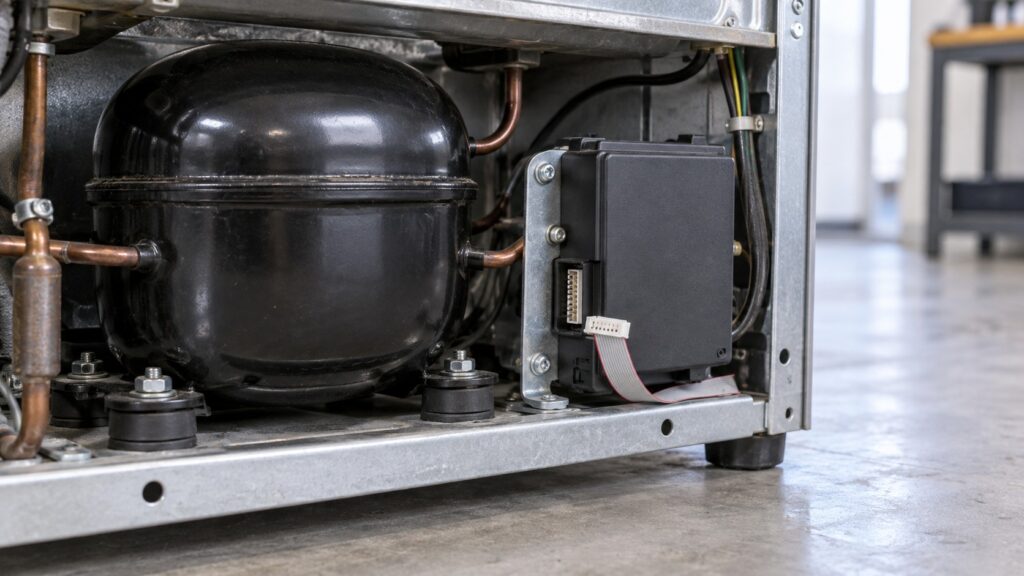 An inverter drive module bolted to a bracket beside a refrigerator compressor with its ribbon connector unplugged
