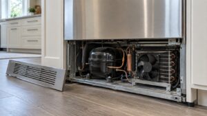 The base grille of a built-in column refrigerator removed to show the machine compartment with the compressor and condenser fan behind it