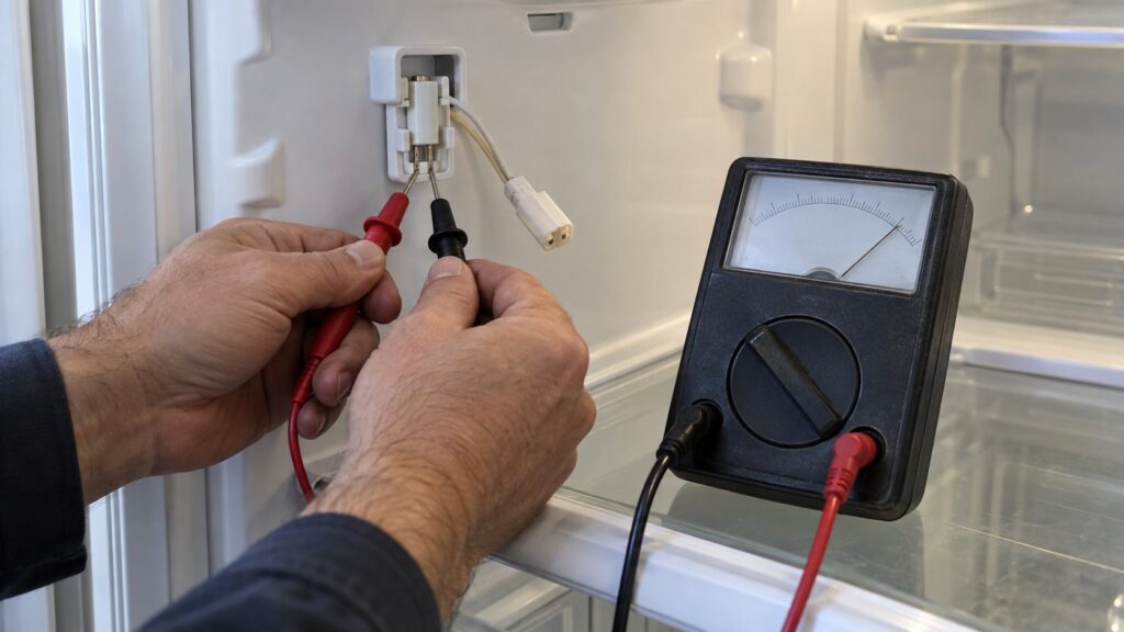 A refrigerator thermistor in its clip with the two-pin connector unplugged and a multimeter reading resistance beside it