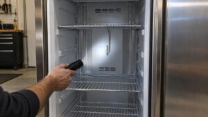 The open interior of a stainless steel column freezer with a flashlight beam on the rear panel where the compartment sensor sits
