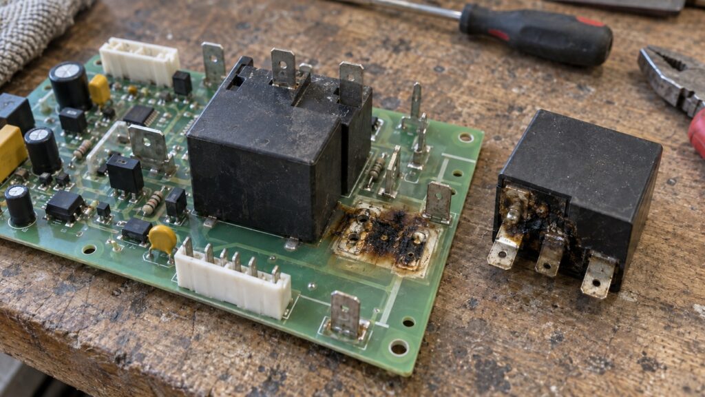 An oven power board on a bench with two heavy heating relays and a scorched contact pad under one of them