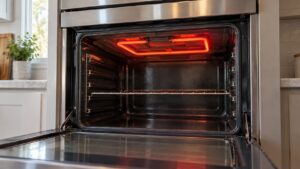 The broil element of a stainless steel wall oven glowing red in an empty cavity seen through the open door