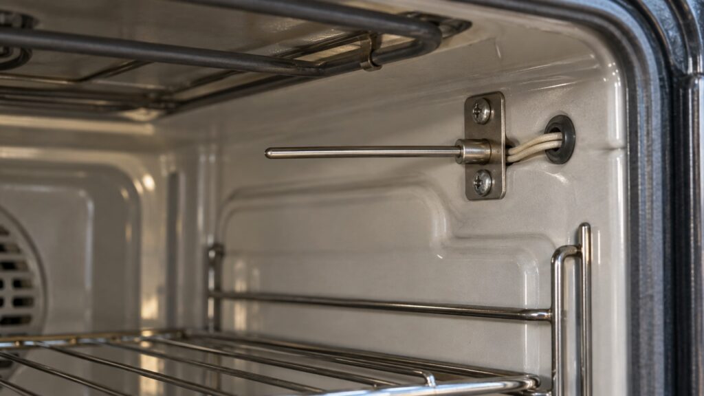 The thin stainless temperature probe in the upper corner of an oven cavity held by a two-screw bracket with its harness passing through the wall