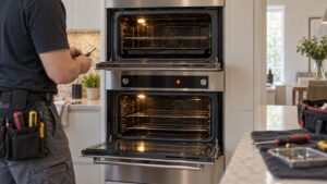 A built-in double wall oven in stainless steel with both doors open and a fault code lit on the shared control panel between them