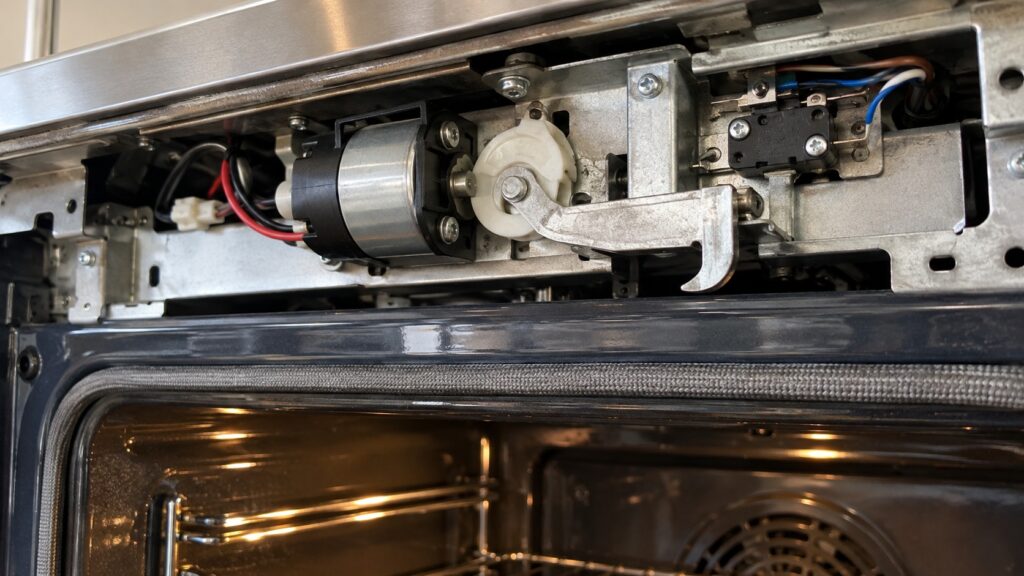 The motorized door lock assembly above an oven cavity showing the motor, cam, steel hook and the microswitch beside it
