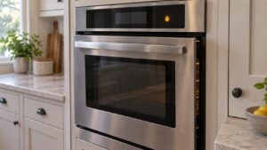 A stainless wall oven door standing an inch ajar with the lock indicator lit on the control panel above it