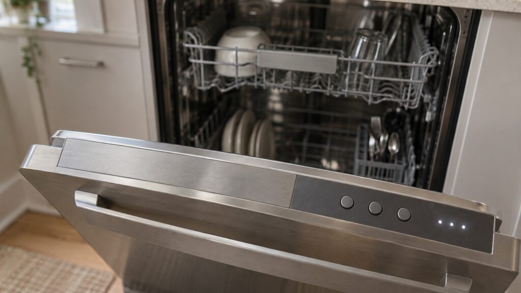 The top edge of an open dishwasher door showing the model badge and the control panel set into the door edge