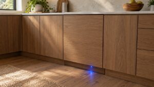 A panel-ready built-in dishwasher closed flush with wood cabinetry in a modern kitchen with a blue light on the floor in front of it