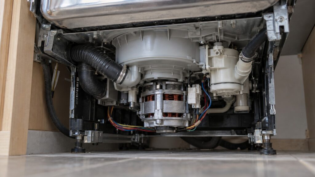 The underside of an open dishwasher tub showing the wash motor and pump housing