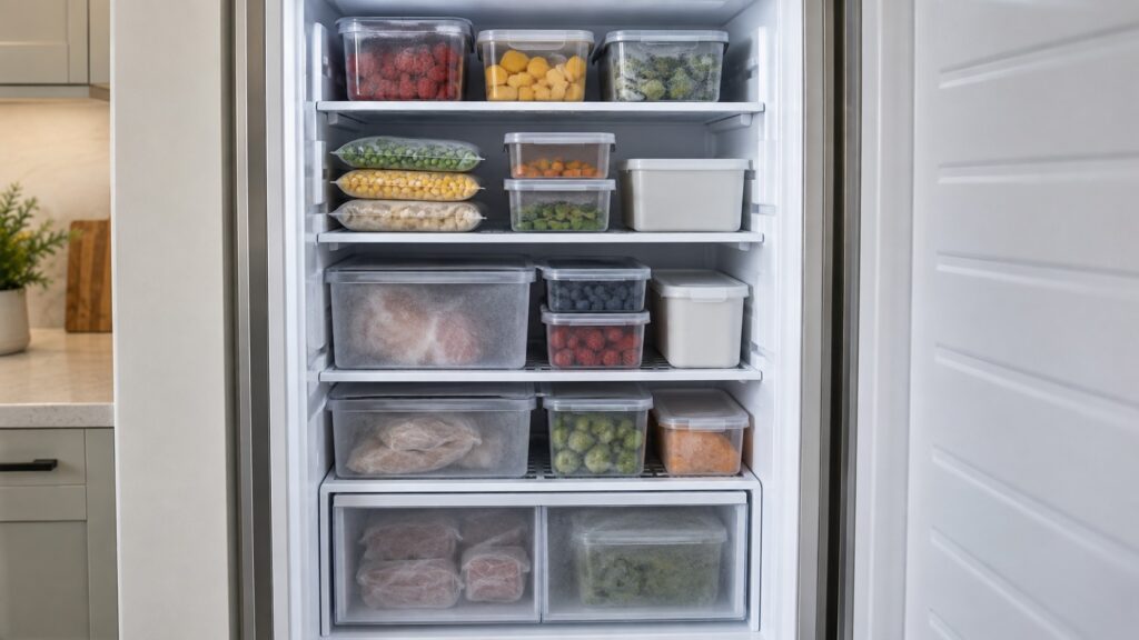 An open freezer column interior showing organized bins and shelves