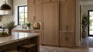 A panel-ready built-in freezer column in a modern kitchen, its custom door front matching the surrounding cabinetry