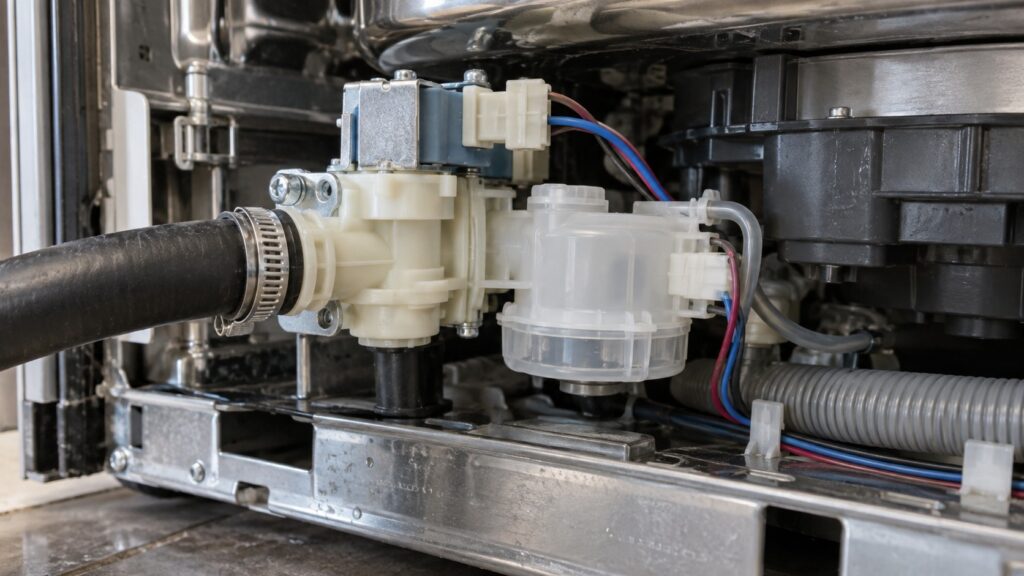 Close-up of a dishwasher's water inlet and sensor housing