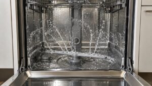 The open tub of a built-in dishwasher showing a spray arm mid-cycle with water in motion