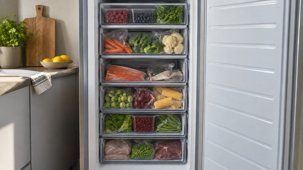 A freezer column packed with fresh groceries