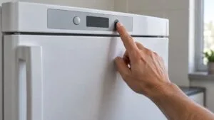 A hand pressing a button on a freezer's control panel with an unreadable display