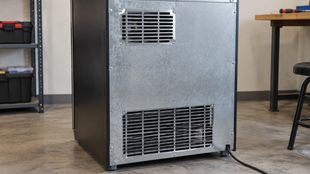 The back panel of a wine cooler showing two separate vent grilles