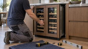 A panel-ready dual-zone wine cooler being installed under a kitchen counter