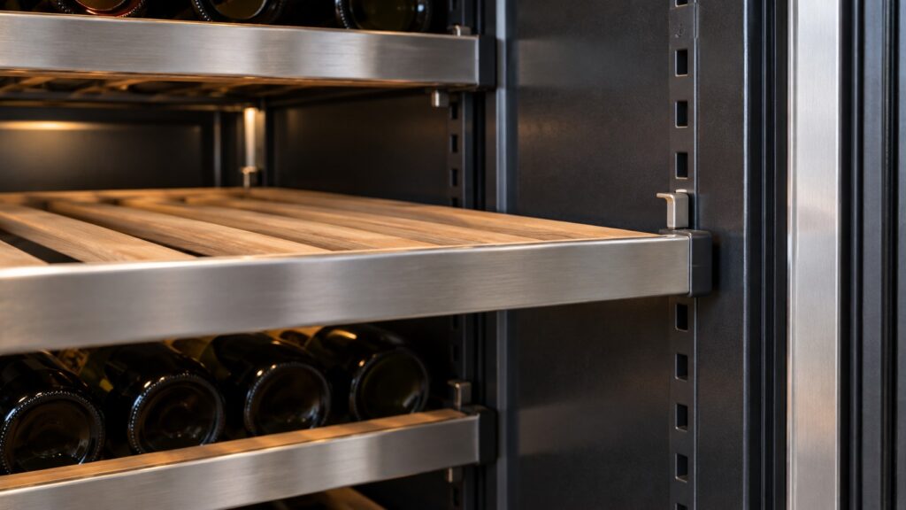 Close-up of a wine cooler's adjustable shelf rails