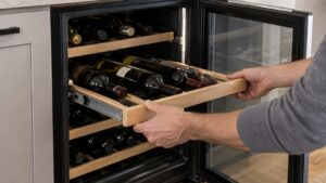 Hands removing a wine bottle shelf from an undercounter wine cooler