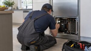 A technician inspecting the compressor compartment behind a built-in refrigerator