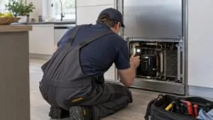 A technician inspecting the compressor compartment behind a built-in refrigerator