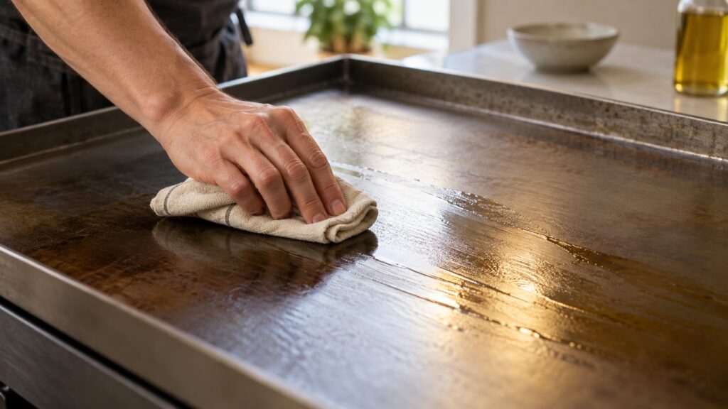 A hand wiping a thin layer of oil onto a warm griddle surface with a cloth