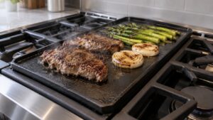 Food cooking on a griddle insert set into a professional-style gas range