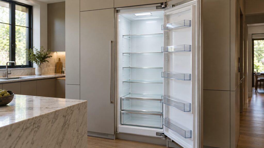 A built-in refrigerator column with its door open showing glass shelves and a bright interior