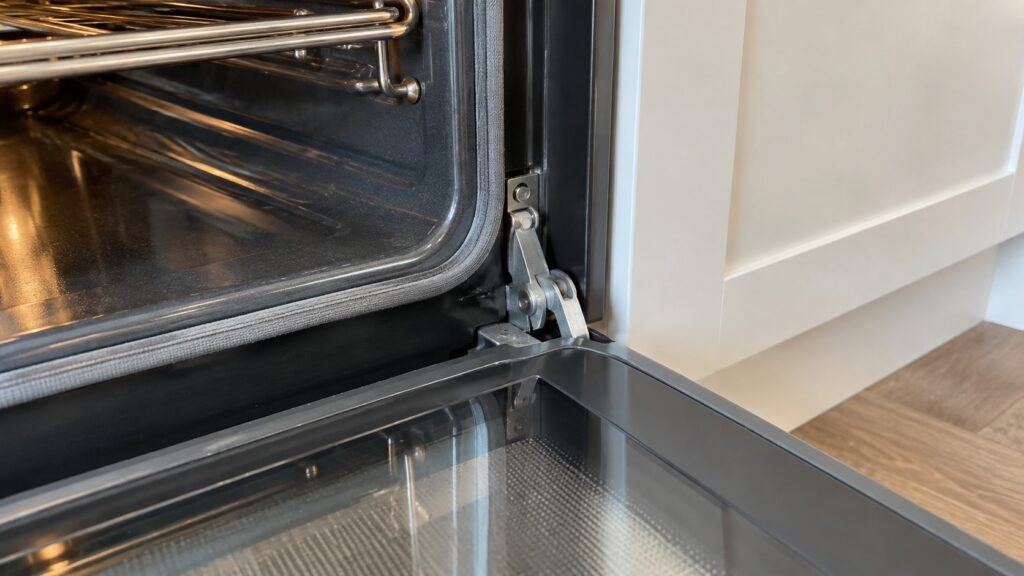 The lower edge of a wall oven door and its hinge area at the side of the oven opening