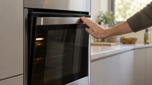 A hand gently pushing a wall oven door nearly closed as it glides shut
