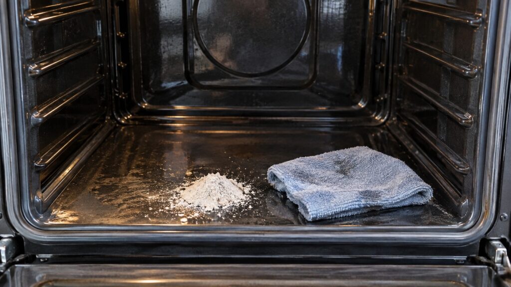 A small pile of fine white ash on the floor of an empty oven cavity next to a damp cloth