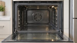 A clean empty wall oven cavity with its racks removed and the door open