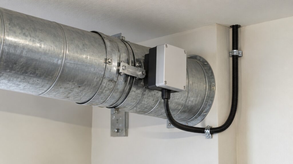 A short section of round metal duct with a motorized damper mounted on an interior wall near the ceiling