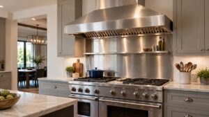 A large stainless professional vent hood above a gas range in a spacious kitchen